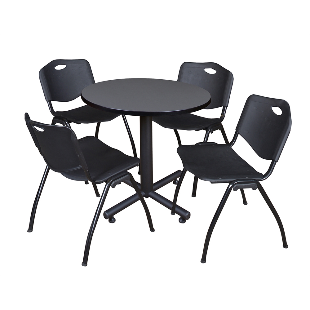 Kobe 30" Round Breakroom Table- Grey & 4 'M' Stack Chairs- Black. Picture 1
