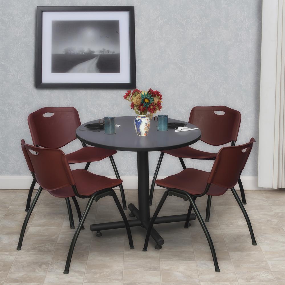 Kobe 30" Round Breakroom Table- Grey & 4 'M' Stack Chairs- Burgundy. Picture 2