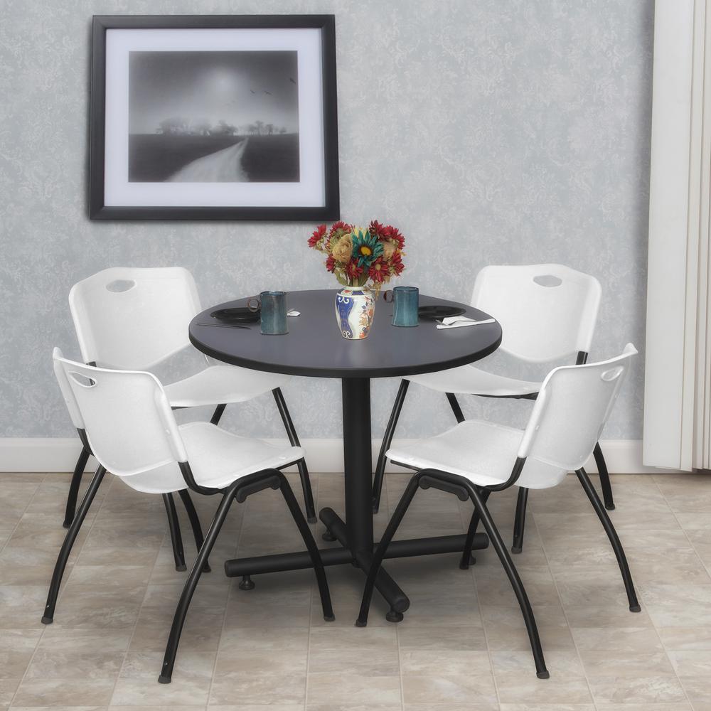 Kobe 30" Round Breakroom Table- Grey & 4 'M' Stack Chairs- Grey. Picture 2