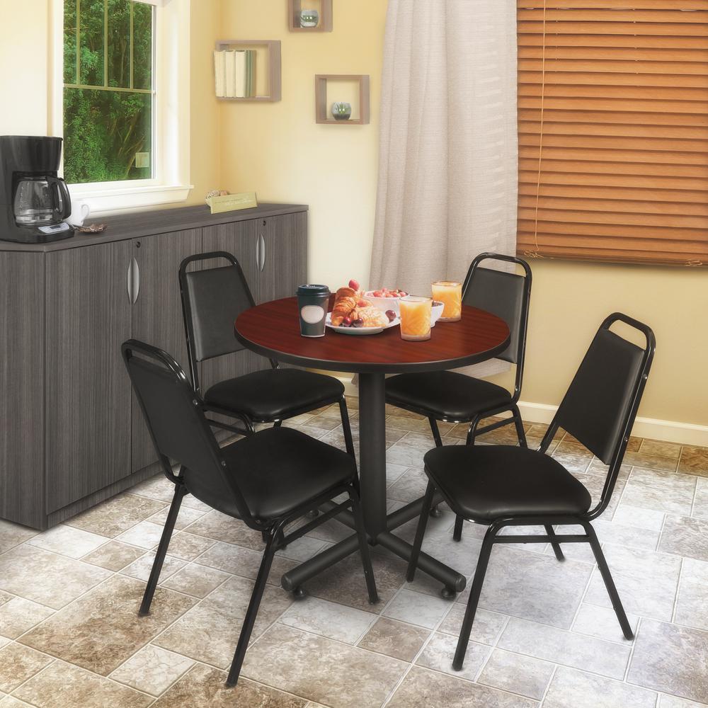 Kobe 30" Round Breakroom Table- Mahogany & 4 Restaurant Stack Chairs- Black. Picture 2
