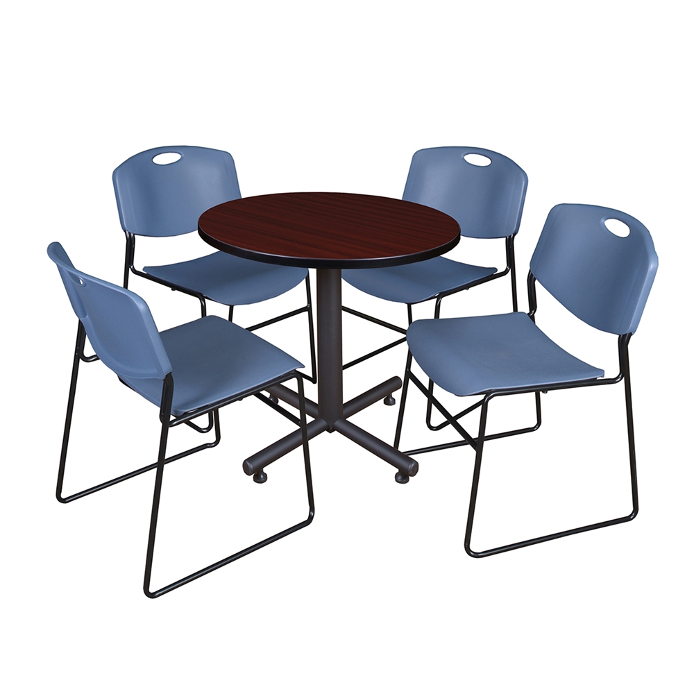 Kobe 30" Round Breakroom Table- Mahogany & 4 Zeng Stack Chairs- Blue. Picture 1
