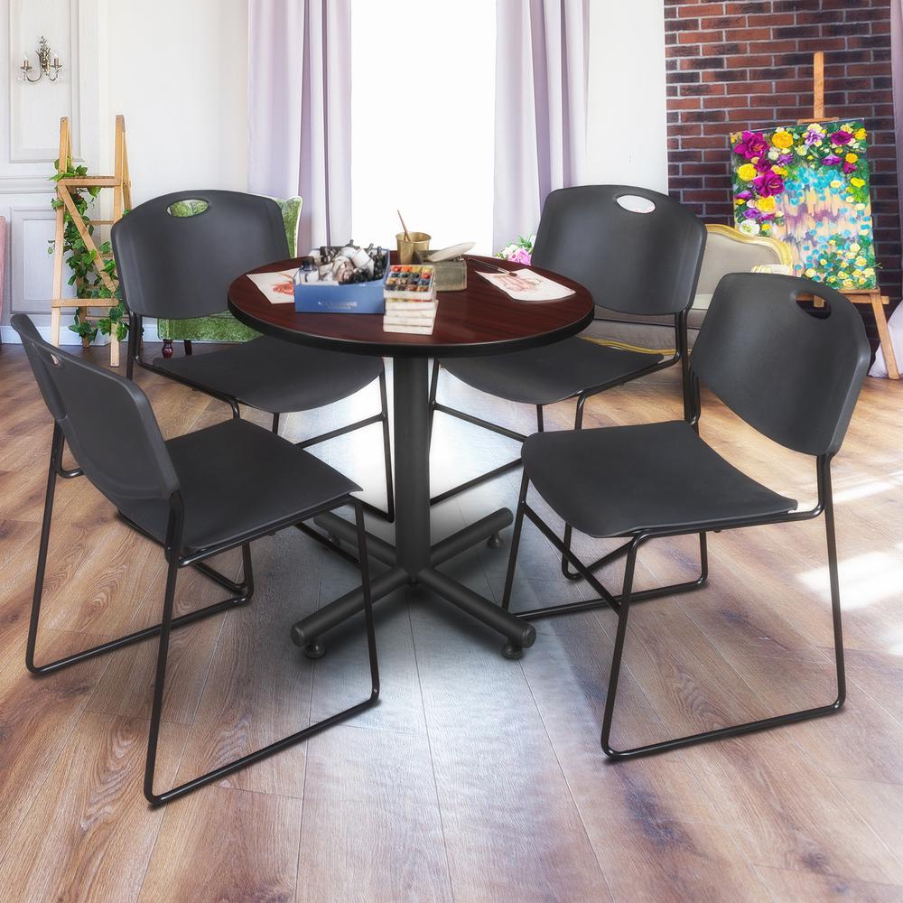 Kobe 30" Round Breakroom Table- Mahogany & 4 Zeng Stack Chairs- Black. Picture 2