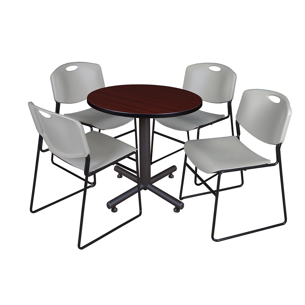 Kobe 30" Round Breakroom Table- Mahogany & 4 Zeng Stack Chairs- Grey. Picture 1