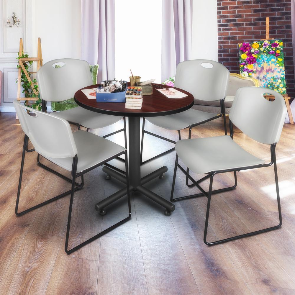 Kobe 30" Round Breakroom Table- Mahogany & 4 Zeng Stack Chairs- Grey. Picture 2