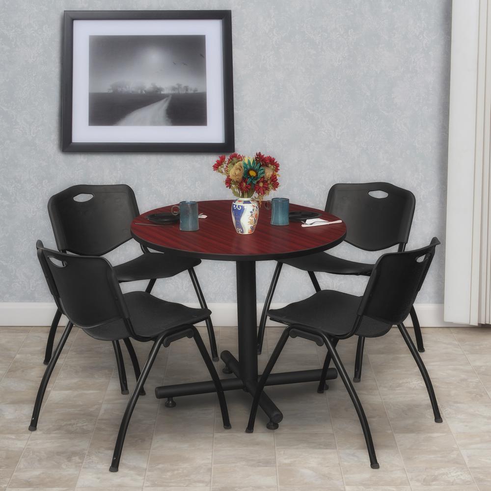 Kobe 30" Round Breakroom Table- Mahogany & 4 'M' Stack Chairs- Black. Picture 2