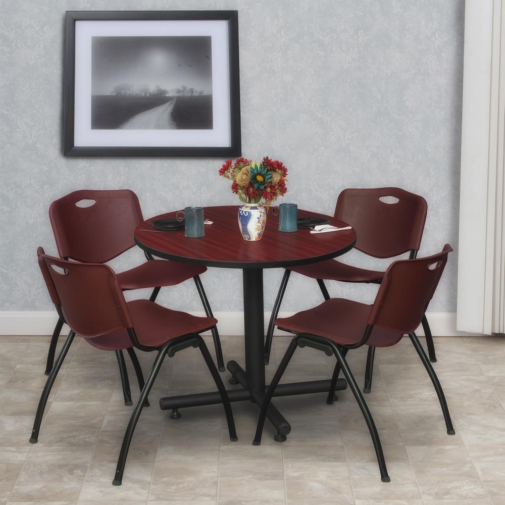 Kobe 30" Round Breakroom Table- Mahogany & 4 'M' Stack Chairs- Burgundy. Picture 2