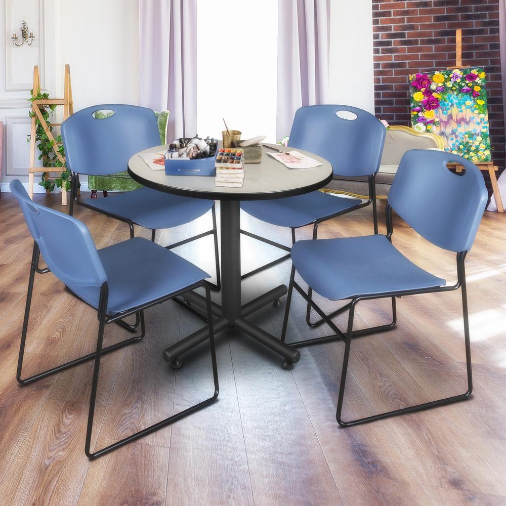 Kobe 30" Round Breakroom Table- Maple & 4 Zeng Stack Chairs- Blue. Picture 2