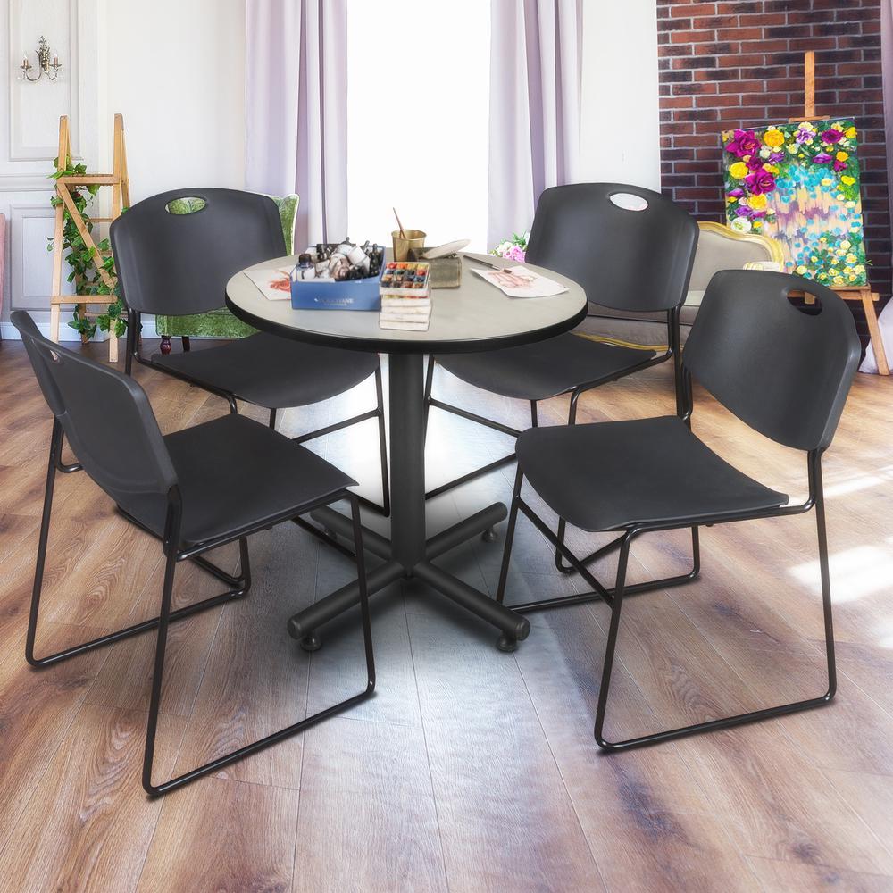 Kobe 30" Round Breakroom Table- Maple & 4 Zeng Stack Chairs- Black. Picture 2
