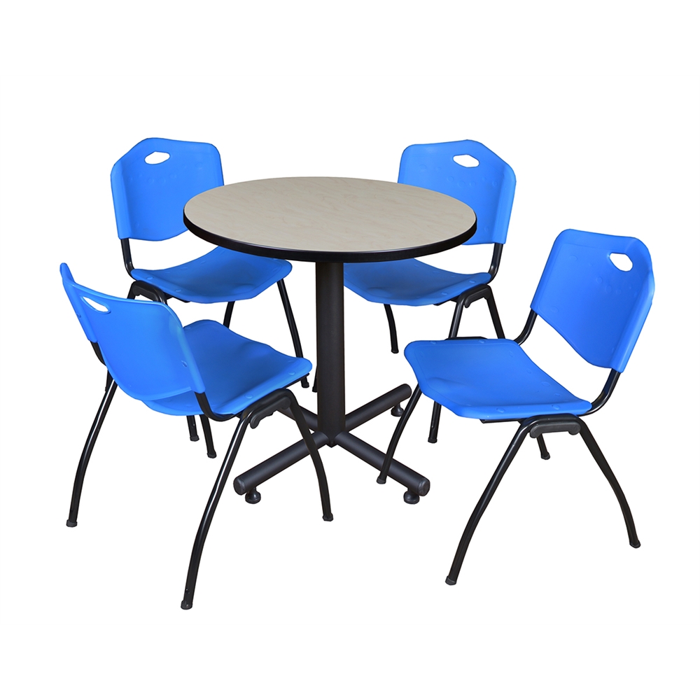 Kobe 30" Round Breakroom Table- Maple & 4 'M' Stack Chairs- Blue. Picture 1