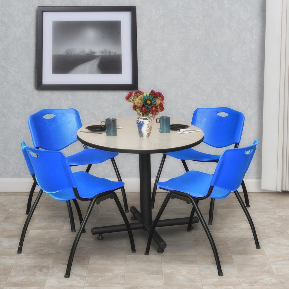 Kobe 30" Round Breakroom Table- Maple & 4 'M' Stack Chairs- Blue. Picture 2