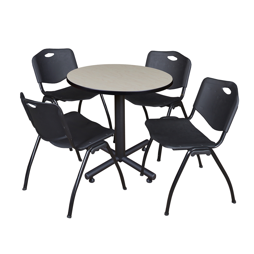 Kobe 30" Round Breakroom Table- Maple & 4 'M' Stack Chairs- Black. Picture 1