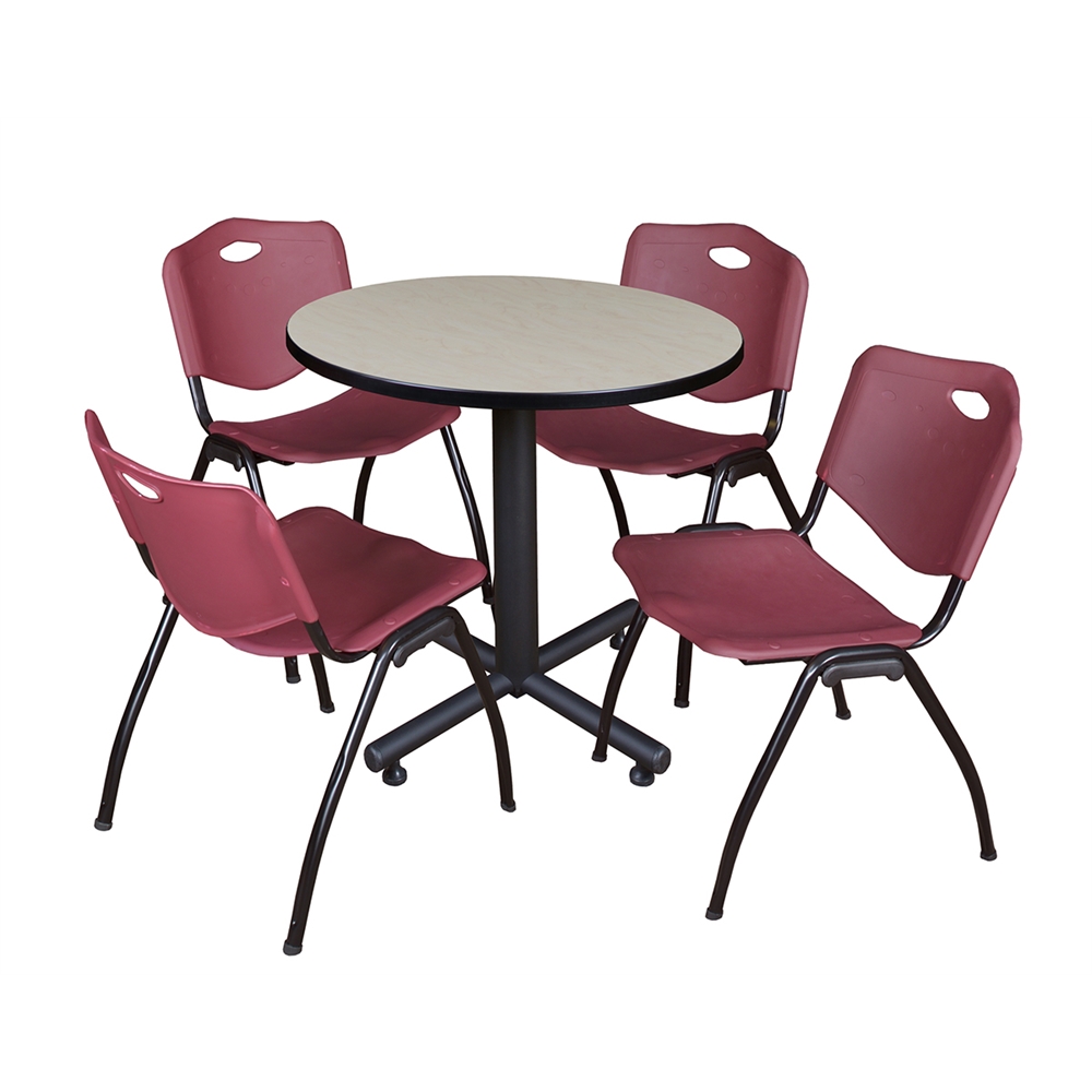 Kobe 30" Round Breakroom Table- Maple & 4 'M' Stack Chairs- Burgundy. Picture 1