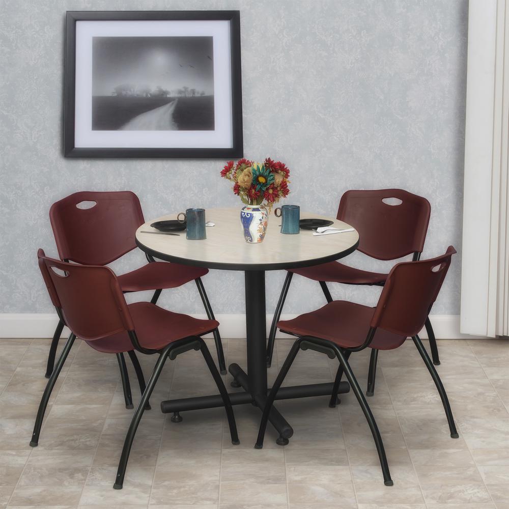 Kobe 30" Round Breakroom Table- Maple & 4 'M' Stack Chairs- Burgundy. Picture 2