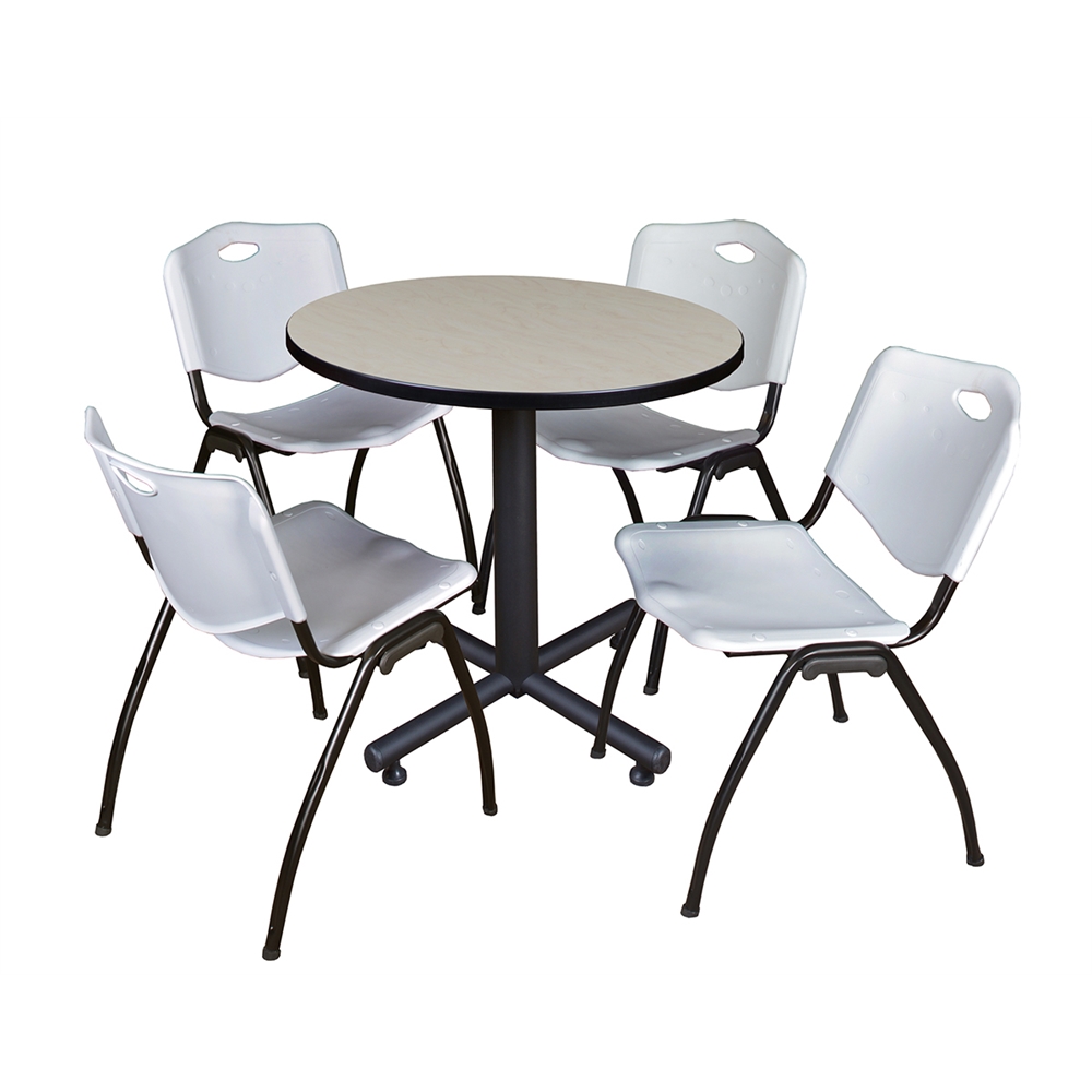 Kobe 30" Round Breakroom Table- Maple & 4 'M' Stack Chairs- Grey. Picture 1