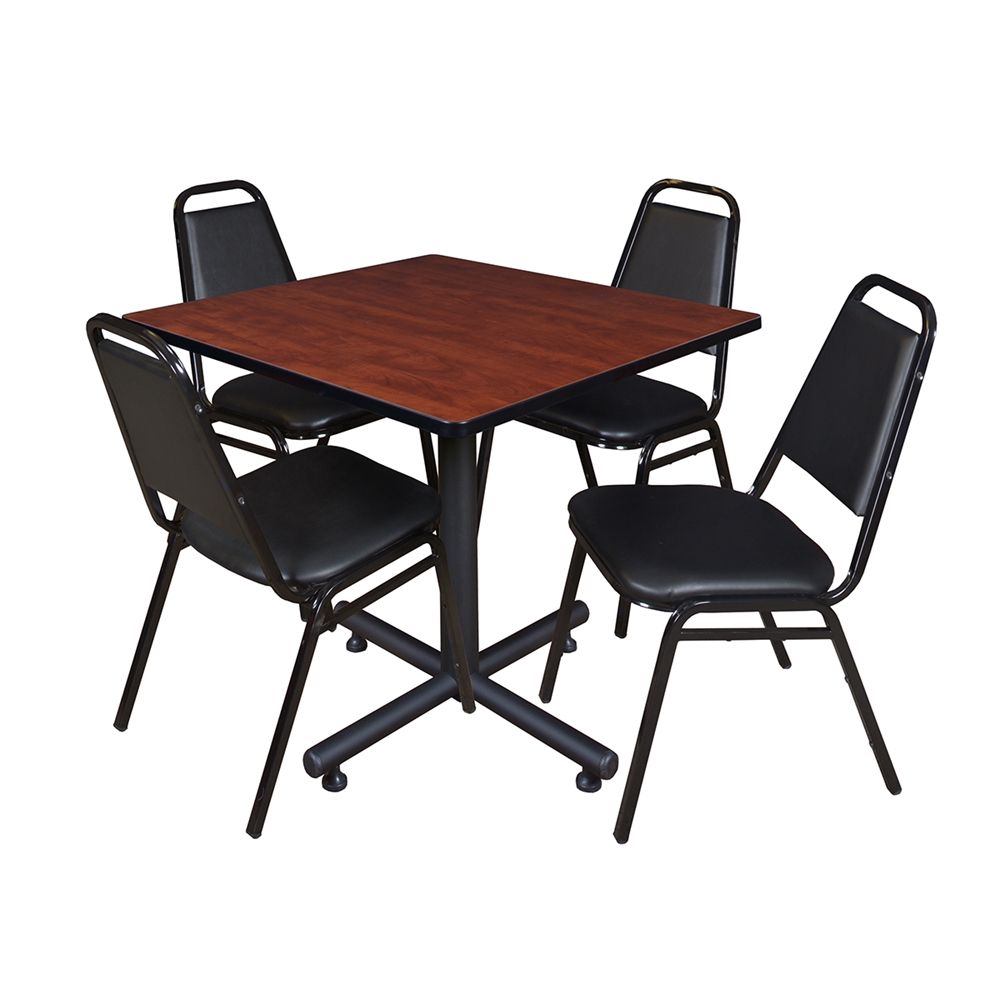 Kobe 36" Square Breakroom Table- Cherry & 4 Restaurant Stack Chairs- Black. Picture 1