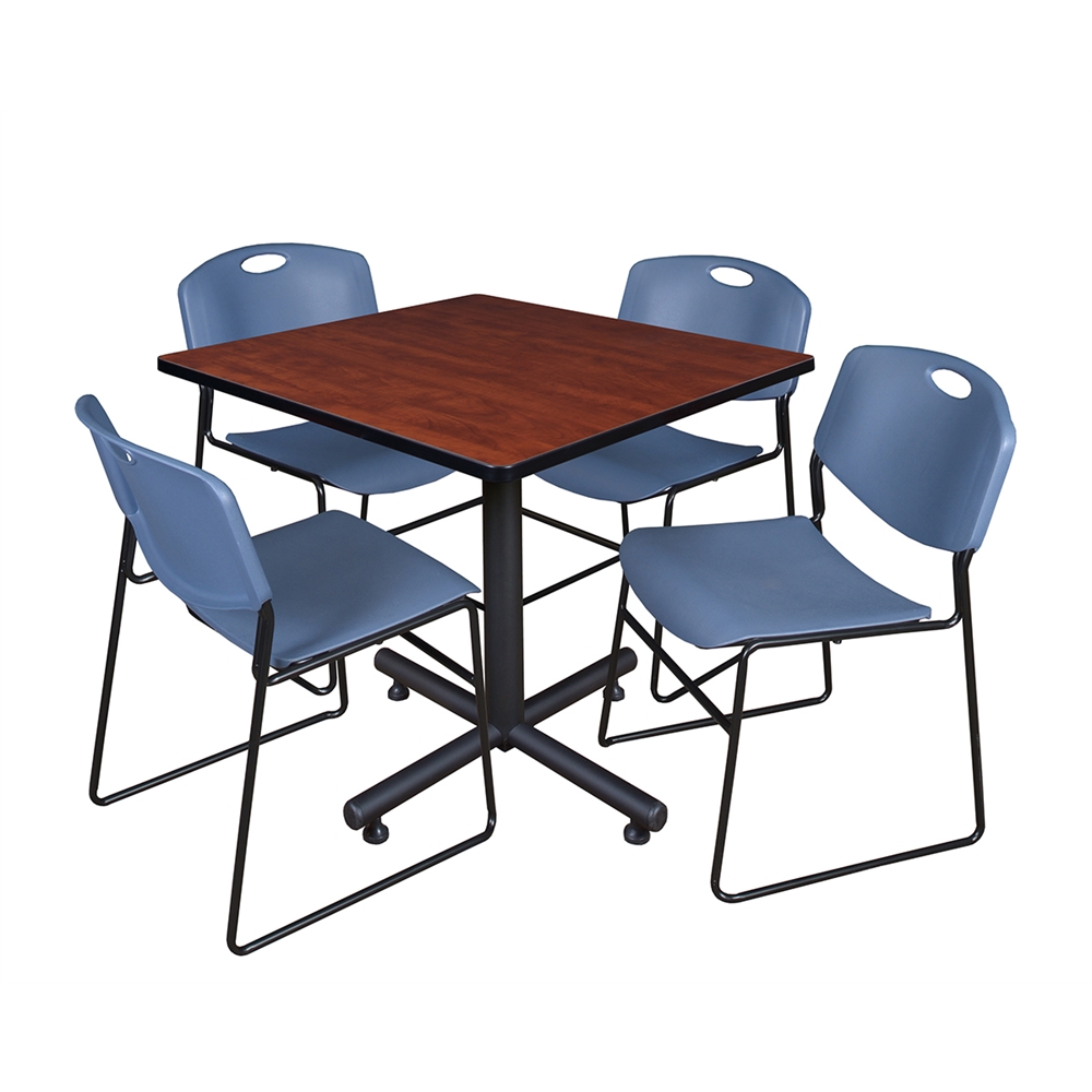 Kobe 36" Square Breakroom Table- Cherry & 4 Zeng Stack Chairs- Blue. Picture 1