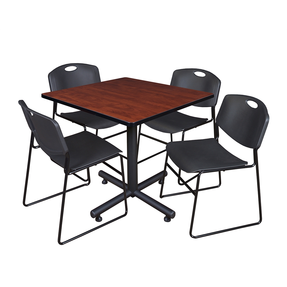 Kobe 36" Square Breakroom Table- Cherry & 4 Zeng Stack Chairs- Black. Picture 1
