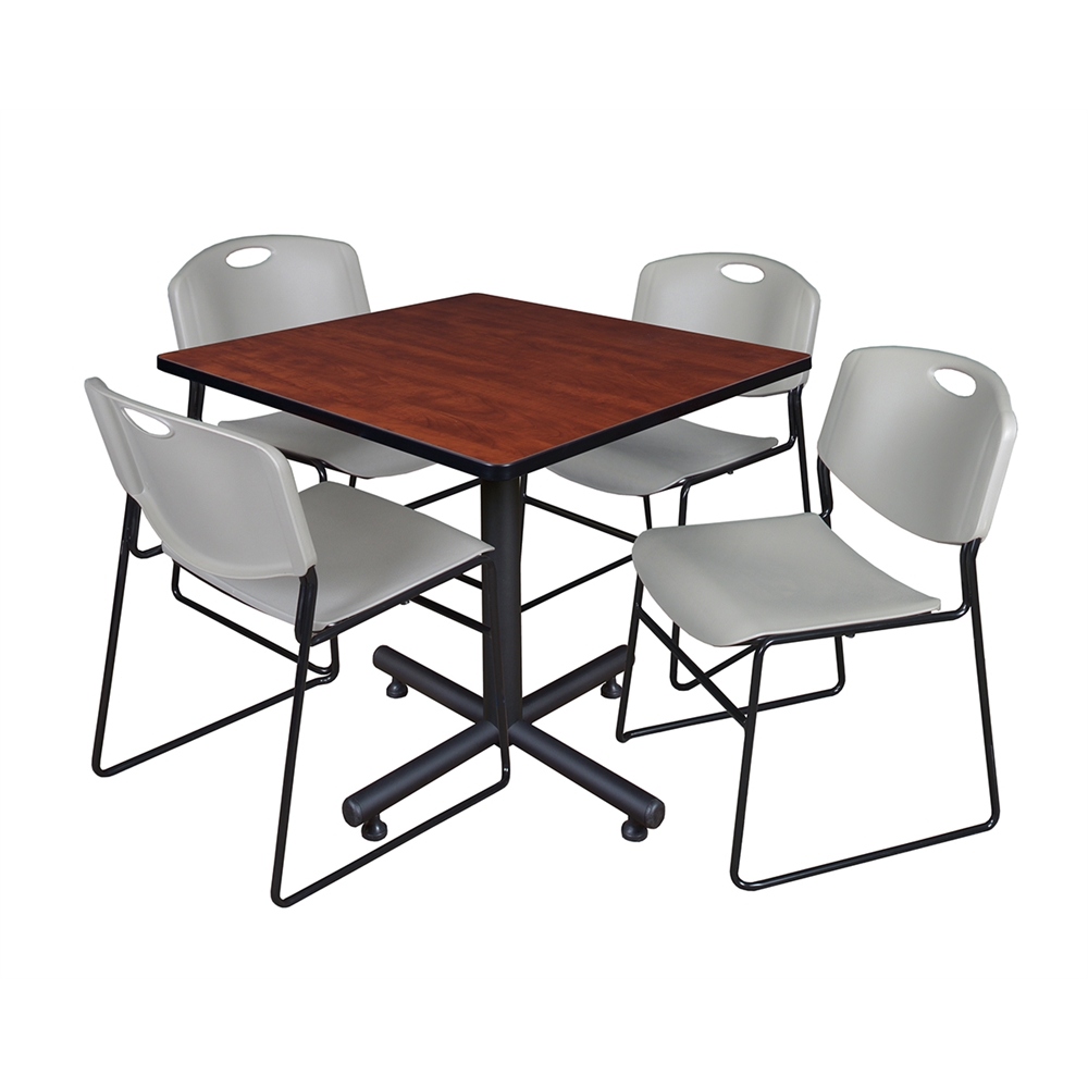 Kobe 36" Square Breakroom Table- Cherry & 4 Zeng Stack Chairs- Grey. Picture 1