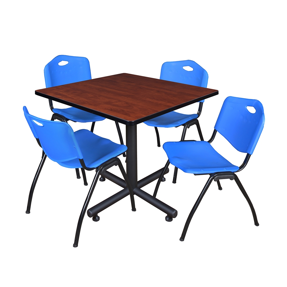 Kobe 36" Square Breakroom Table- Cherry & 4 'M' Stack Chairs- Blue. Picture 1