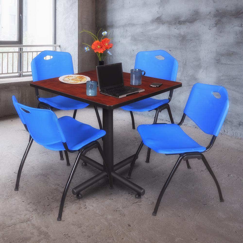 Kobe 36" Square Breakroom Table- Cherry & 4 'M' Stack Chairs- Blue. Picture 2