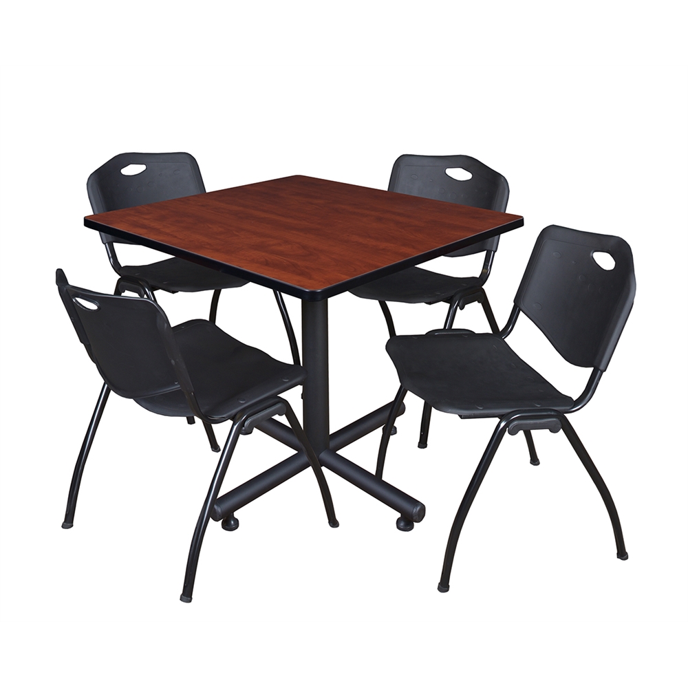 Kobe 36" Square Breakroom Table- Cherry & 4 'M' Stack Chairs- Black. Picture 1