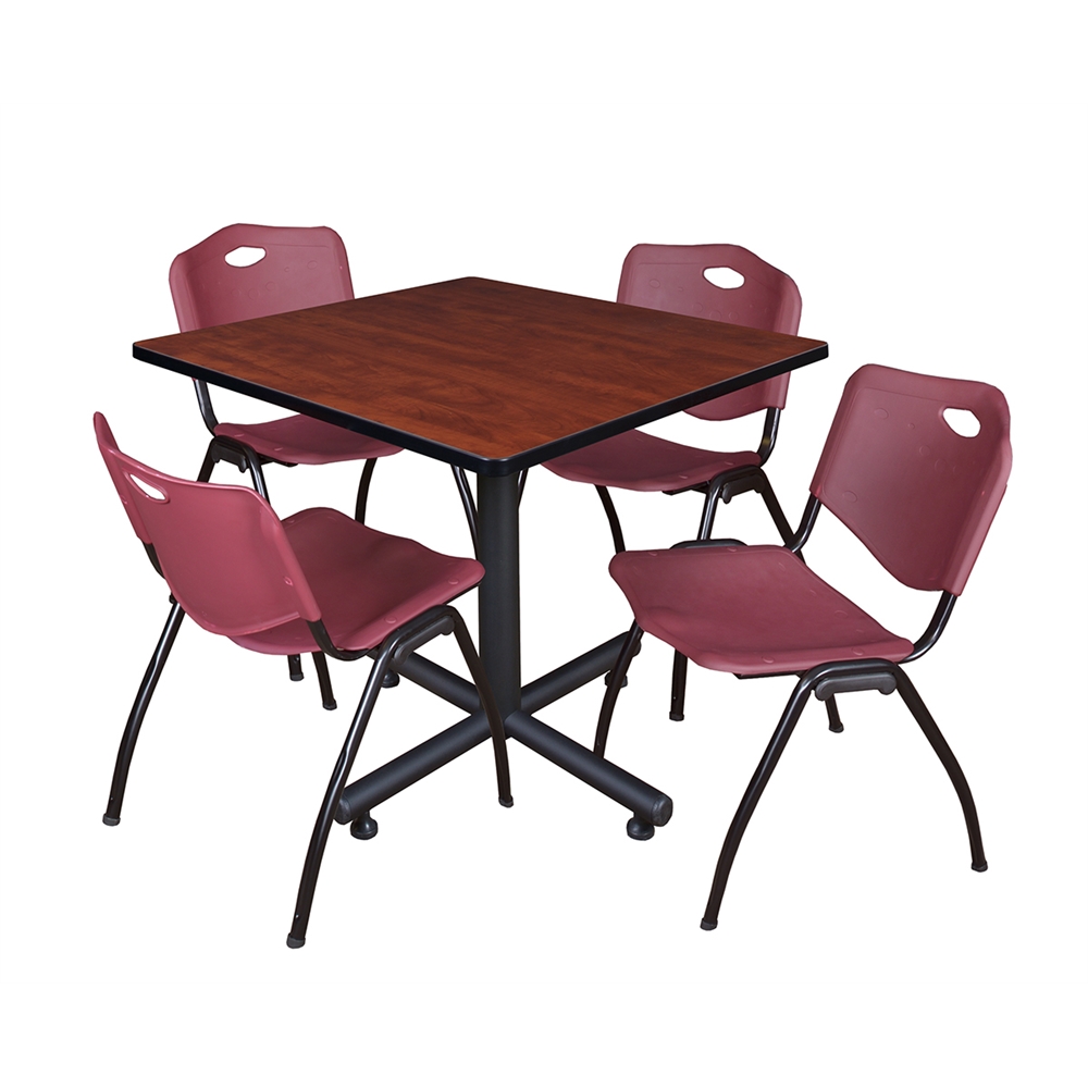 Kobe 36" Square Breakroom Table- Cherry & 4 'M' Stack Chairs- Burgundy. Picture 1