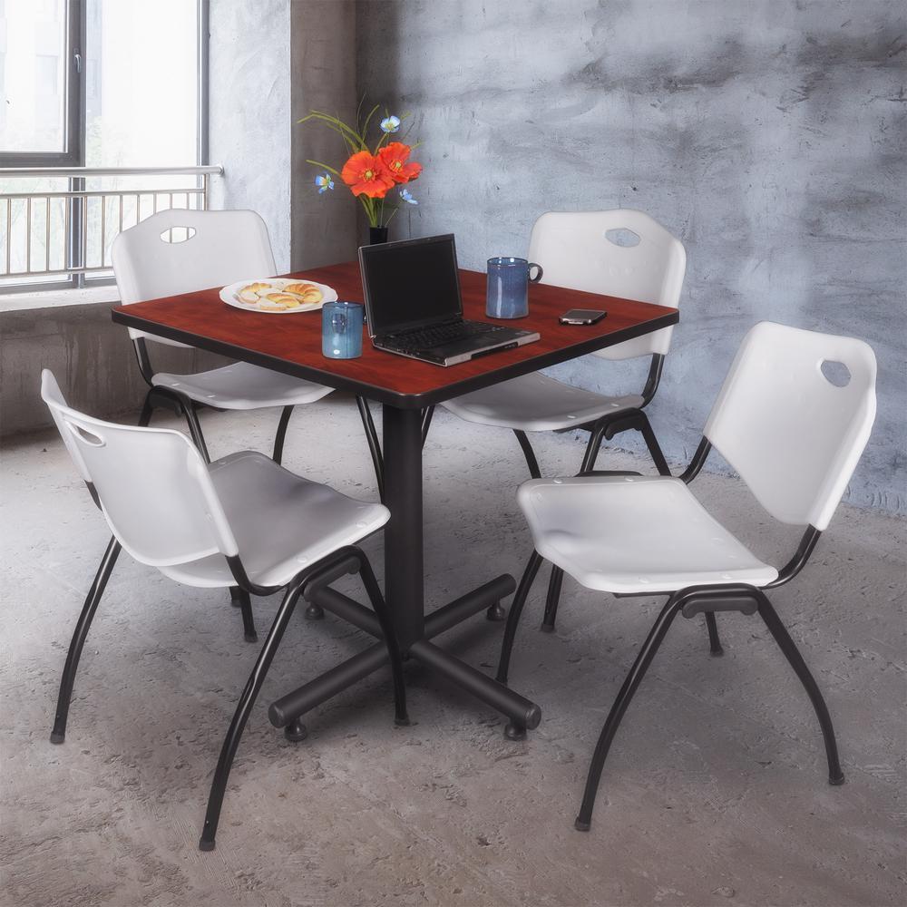 Kobe 36" Square Breakroom Table- Cherry & 4 'M' Stack Chairs- Grey. Picture 2