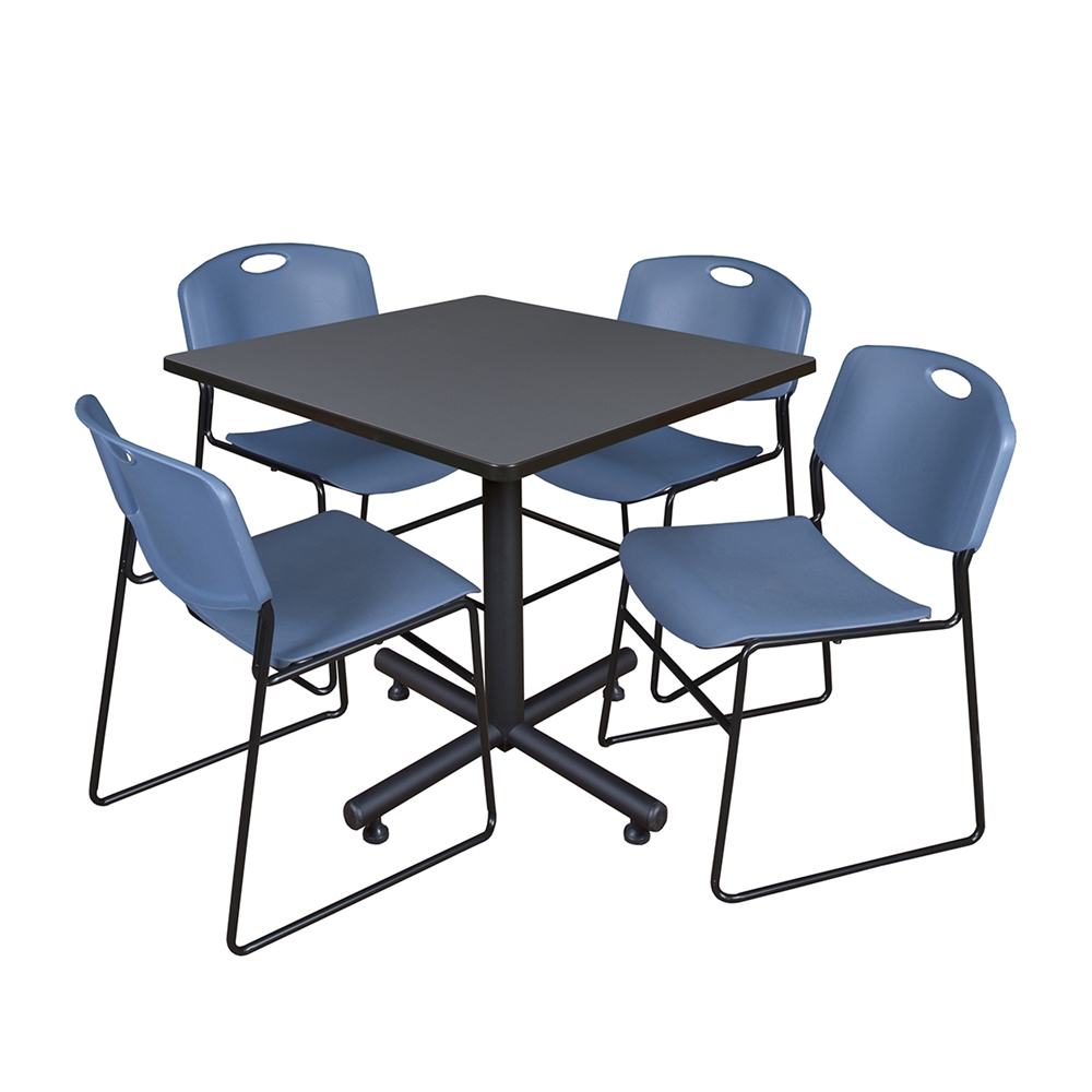 Kobe 36" Square Breakroom Table- Grey & 4 Zeng Stack Chairs- Blue. Picture 1