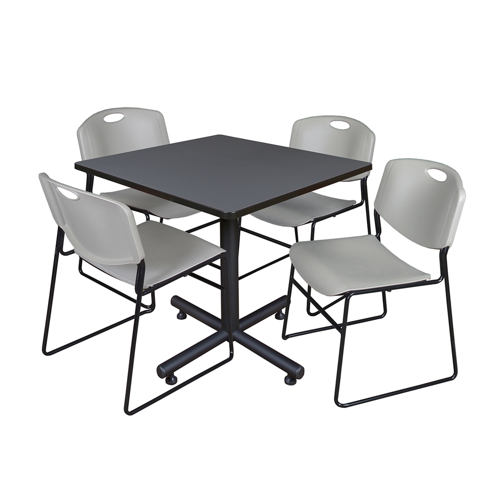 Kobe 36" Square Breakroom Table- Grey & 4 Zeng Stack Chairs- Grey. Picture 1