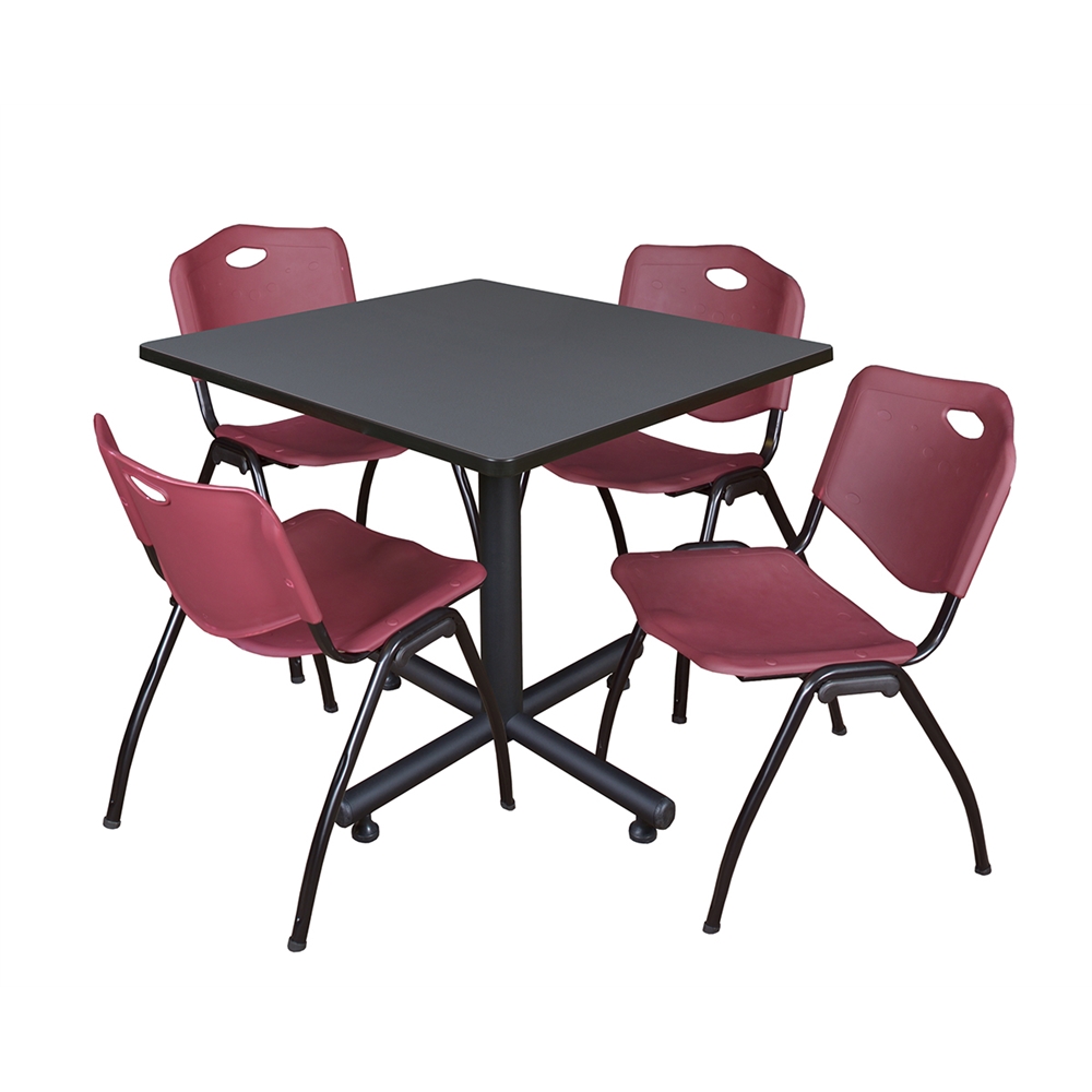 Kobe 36" Square Breakroom Table- Grey & 4 'M' Stack Chairs- Burgundy. Picture 1