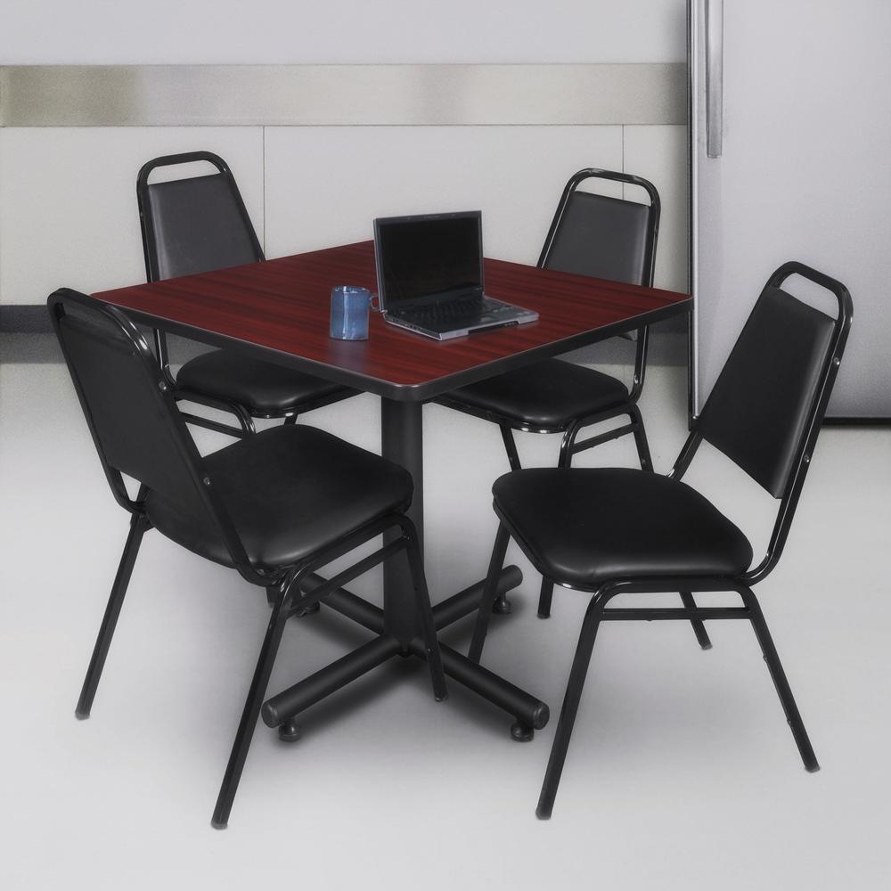 Kobe 36" Square Breakroom Table- Mahogany & 4 Restaurant Stack Chairs- Black. Picture 2