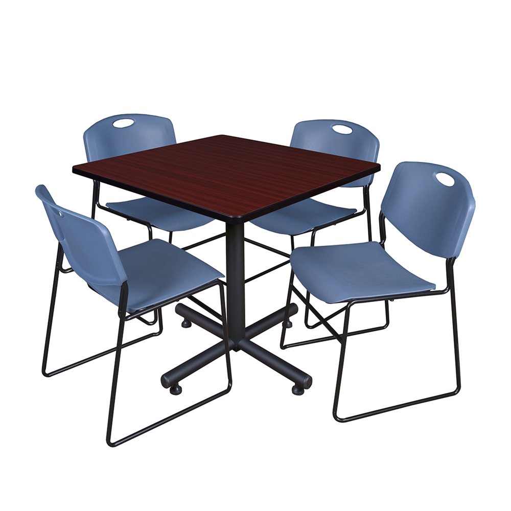 Kobe 36" Square Breakroom Table- Mahogany & 4 Zeng Stack Chairs- Blue. Picture 1