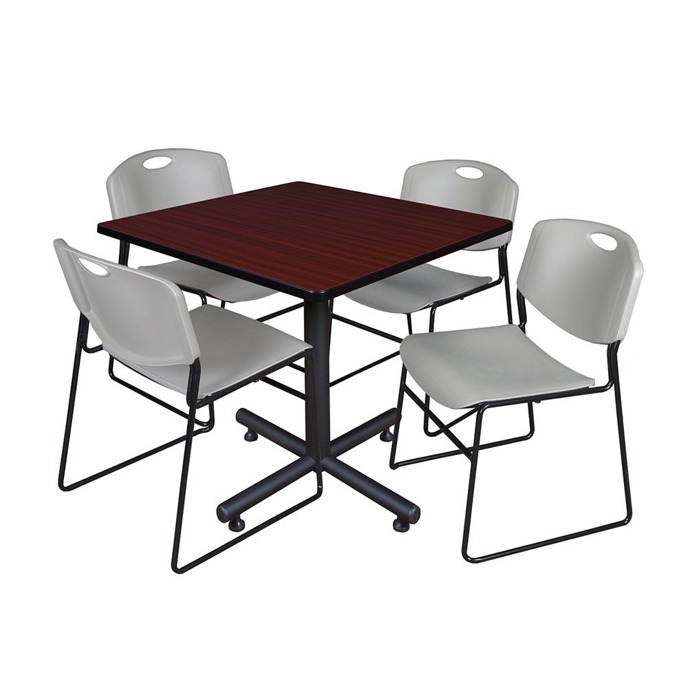 Kobe 36" Square Breakroom Table- Mahogany & 4 Zeng Stack Chairs- Grey. Picture 1