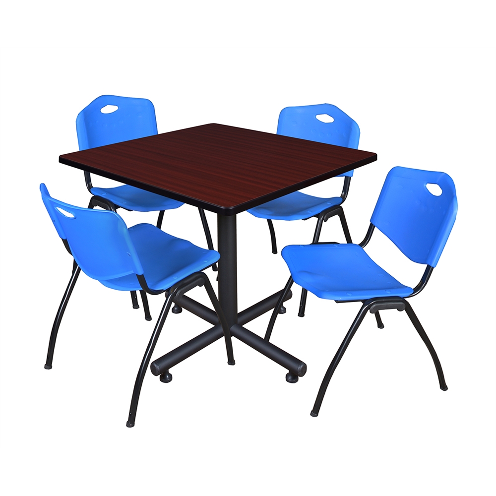 Kobe 36" Square Breakroom Table- Mahogany & 4 'M' Stack Chairs- Blue. Picture 1