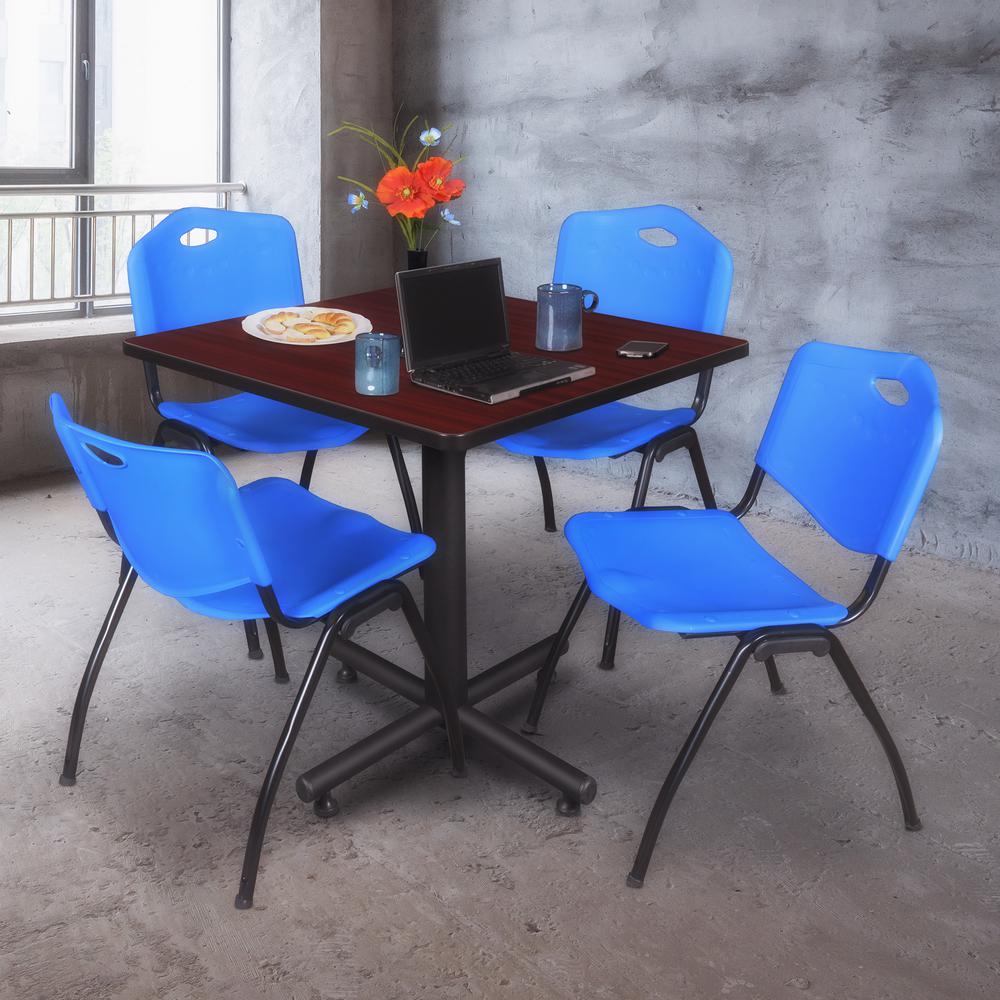 Kobe 36" Square Breakroom Table- Mahogany & 4 'M' Stack Chairs- Blue. Picture 2