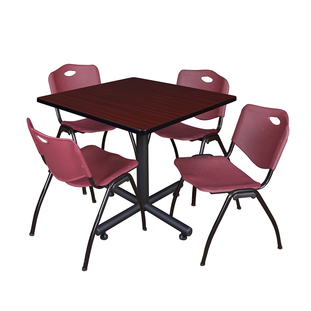 Kobe 36" Square Breakroom Table- Mahogany & 4 'M' Stack Chairs- Burgundy. Picture 1