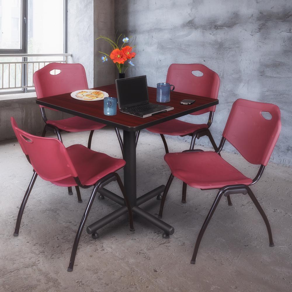 Kobe 36" Square Breakroom Table- Mahogany & 4 'M' Stack Chairs- Burgundy. Picture 2
