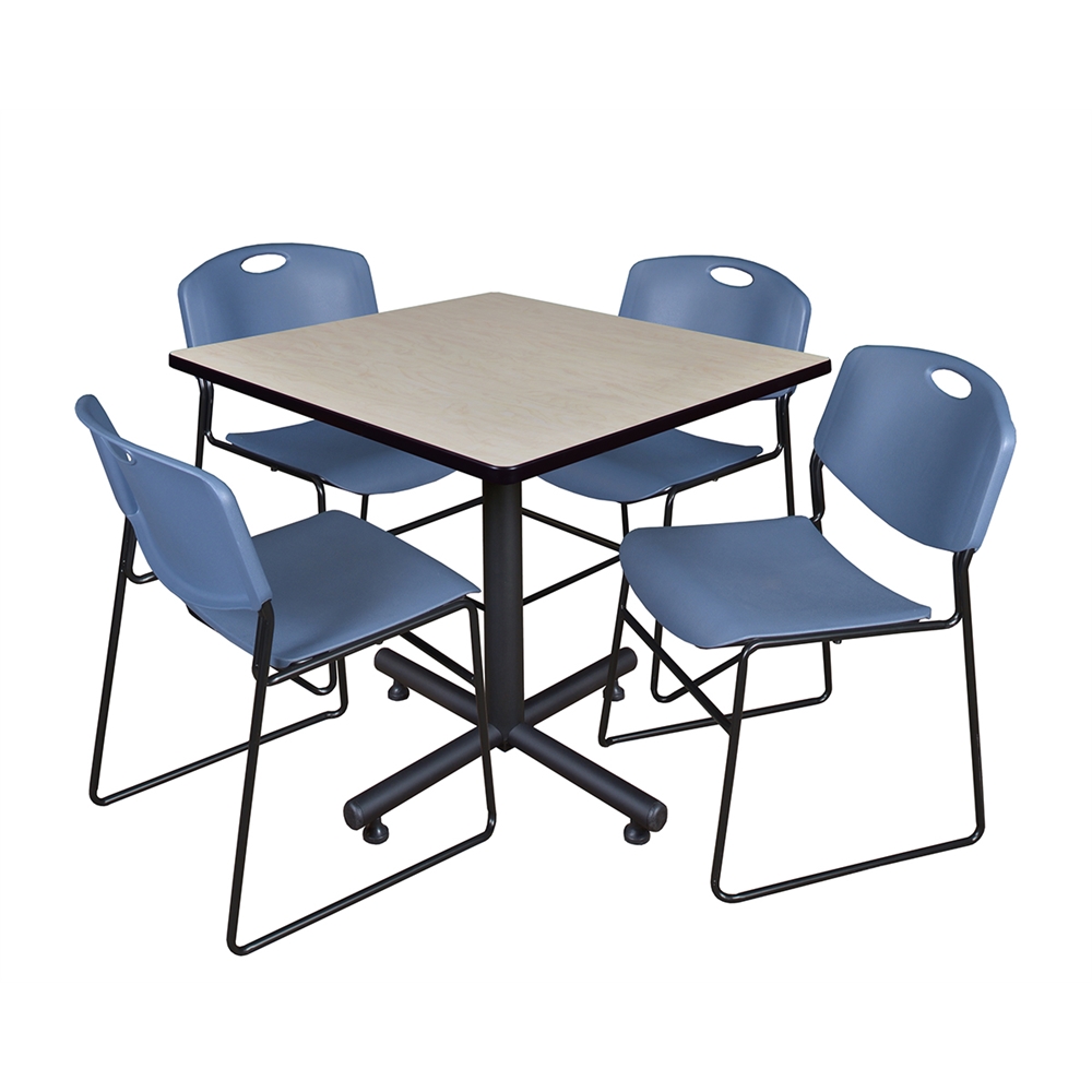 Kobe 36" Square Breakroom Table- Maple & 4 Zeng Stack Chairs- Blue. Picture 1