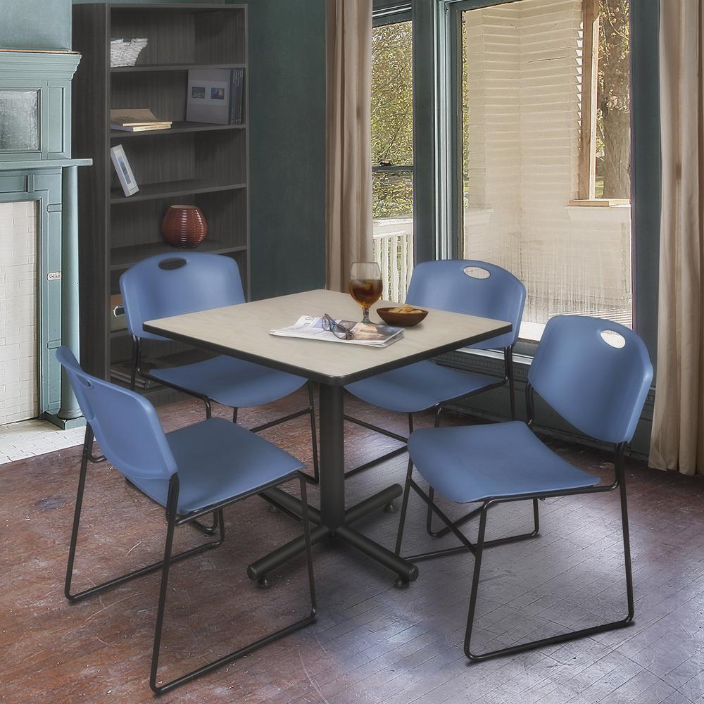 Kobe 36" Square Breakroom Table- Maple & 4 Zeng Stack Chairs- Blue. Picture 2
