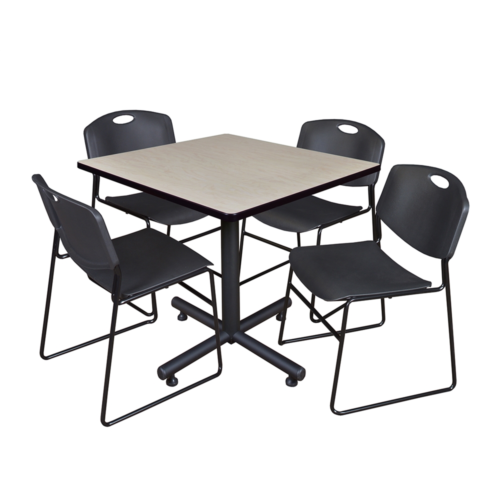 Kobe 36" Square Breakroom Table- Maple & 4 Zeng Stack Chairs- Black. Picture 1