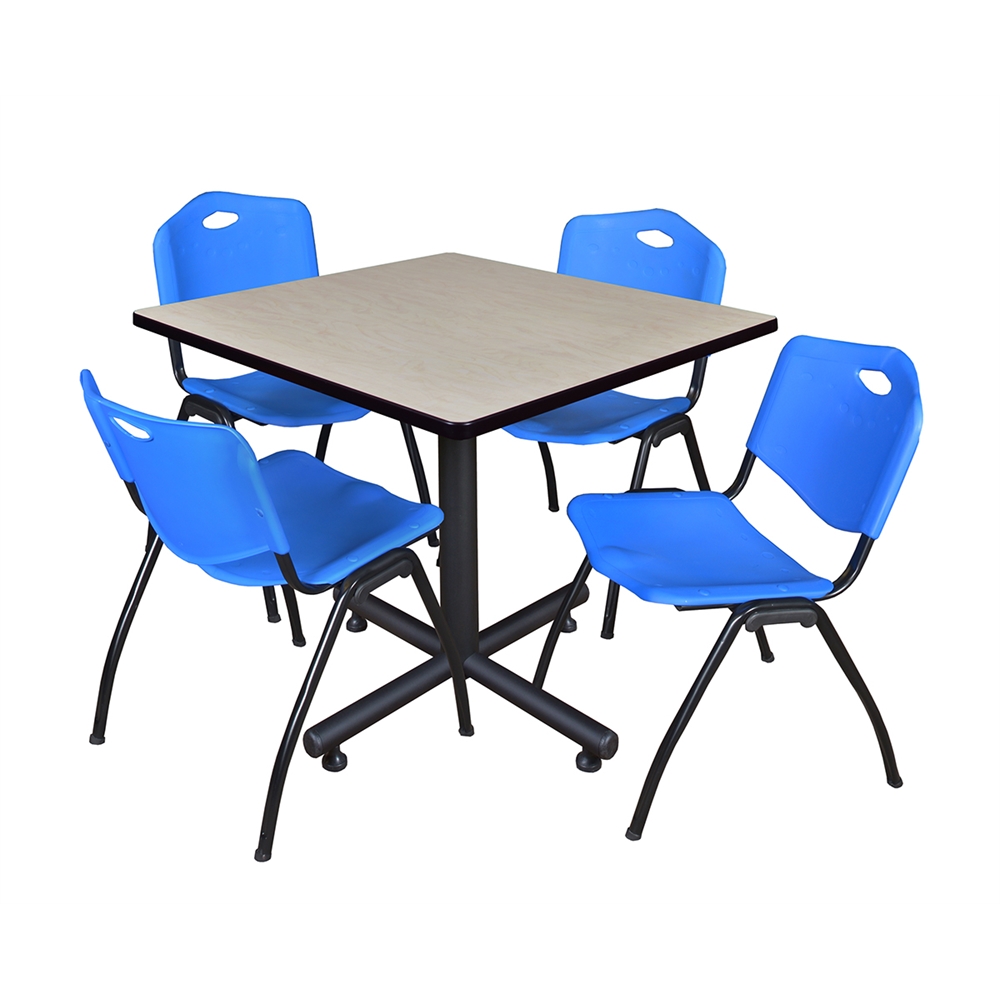Kobe 36" Square Breakroom Table- Maple & 4 'M' Stack Chairs- Blue. Picture 1