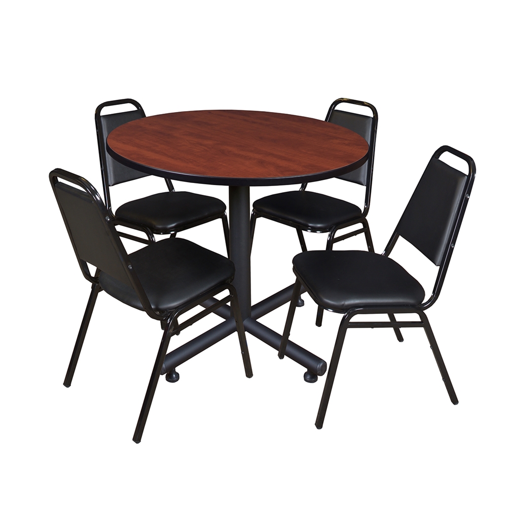Kobe 36" Round Breakroom Table- Cherry & 4 Restaurant Stack Chairs- Black. Picture 1