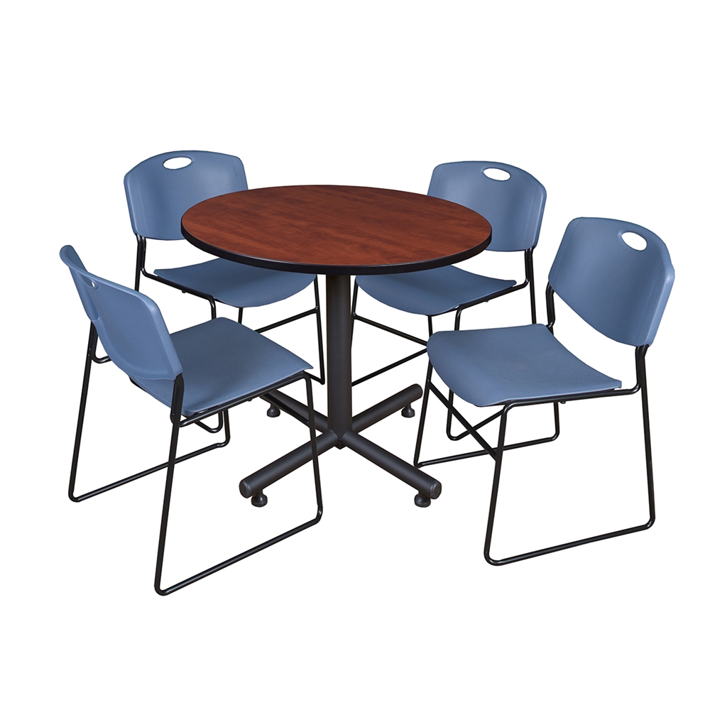 Kobe 36" Round Breakroom Table- Cherry & 4 Zeng Stack Chairs- Blue. Picture 1