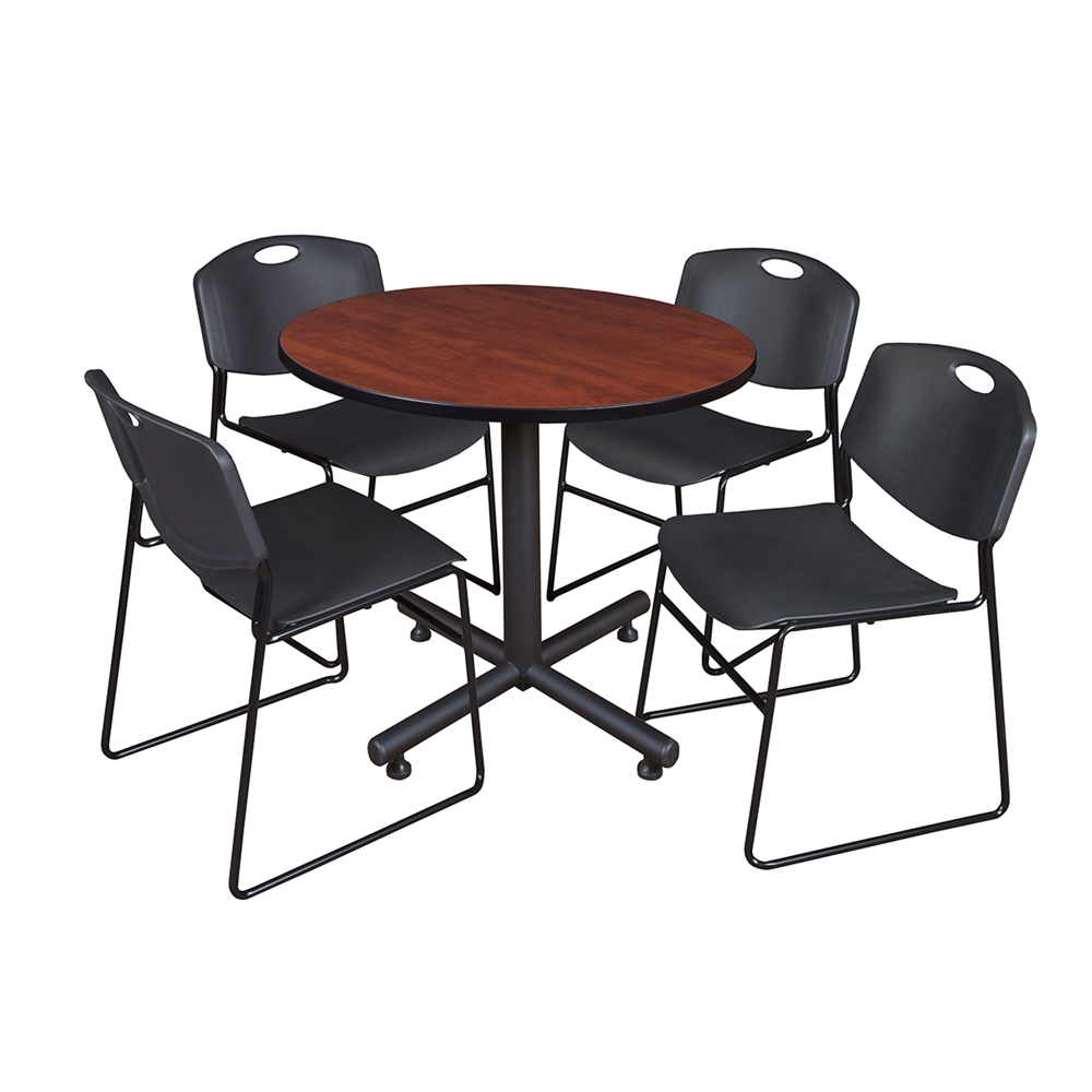 Kobe 36" Round Breakroom Table- Cherry & 4 Zeng Stack Chairs- Black. Picture 1