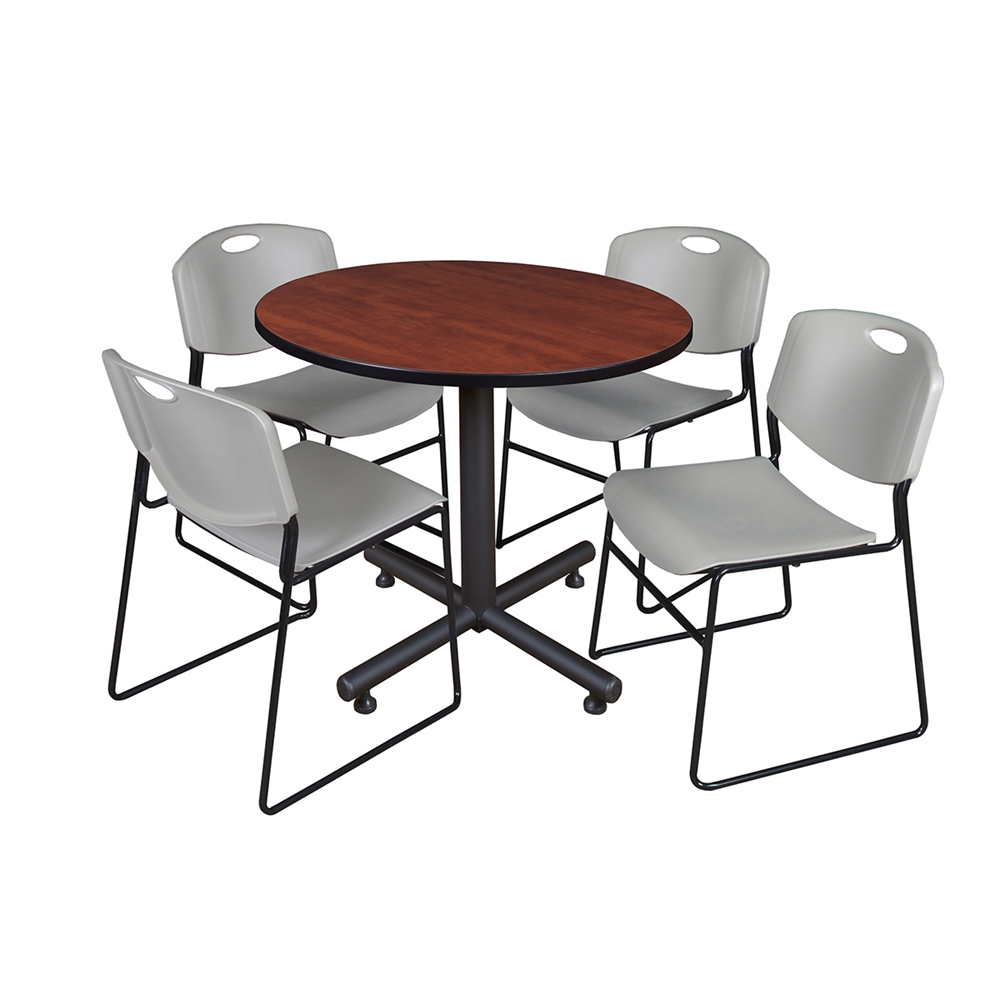 Kobe 36" Round Breakroom Table- Cherry & 4 Zeng Stack Chairs- Grey. Picture 1