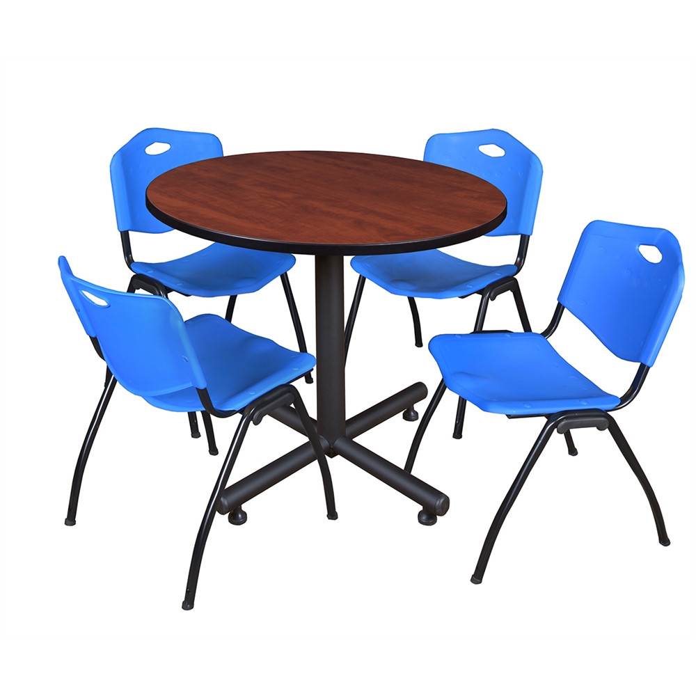 Kobe 36" Round Breakroom Table- Cherry & 4 'M' Stack Chairs- Blue. Picture 1