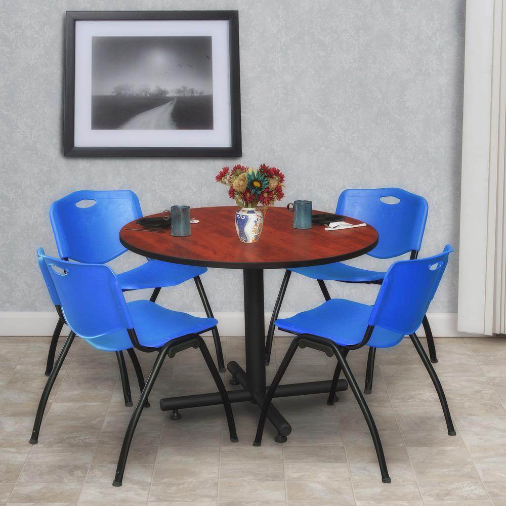 Kobe 36" Round Breakroom Table- Cherry & 4 'M' Stack Chairs- Blue. Picture 2