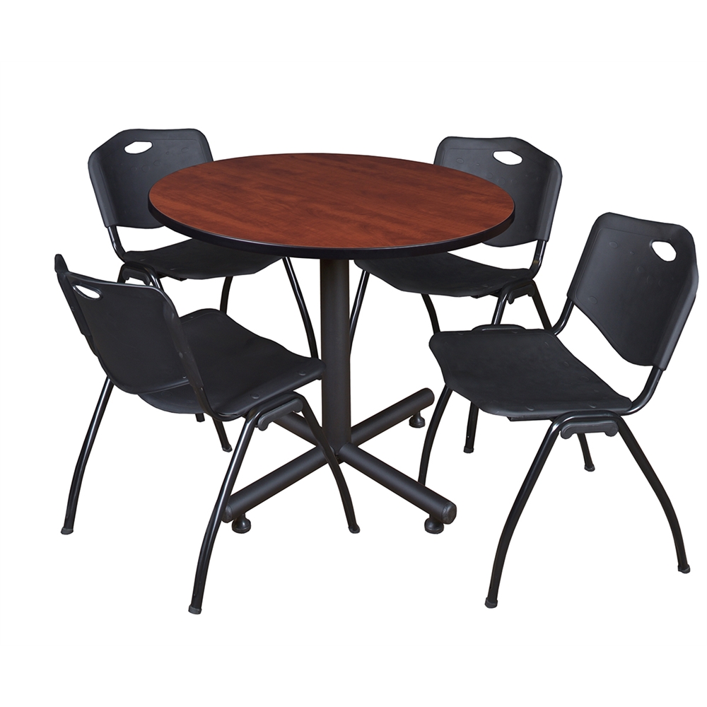Kobe 36" Round Breakroom Table- Cherry & 4 'M' Stack Chairs- Black. Picture 1