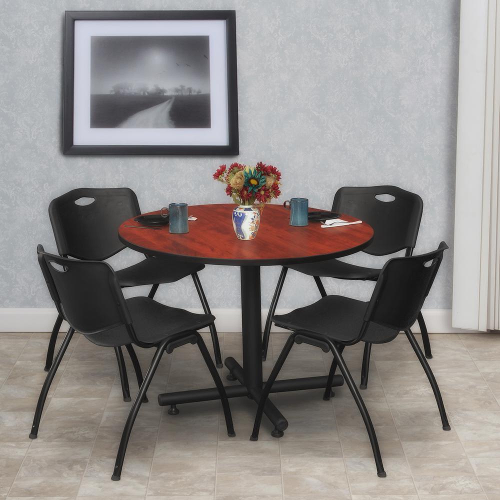 Kobe 36" Round Breakroom Table- Cherry & 4 'M' Stack Chairs- Black. Picture 2
