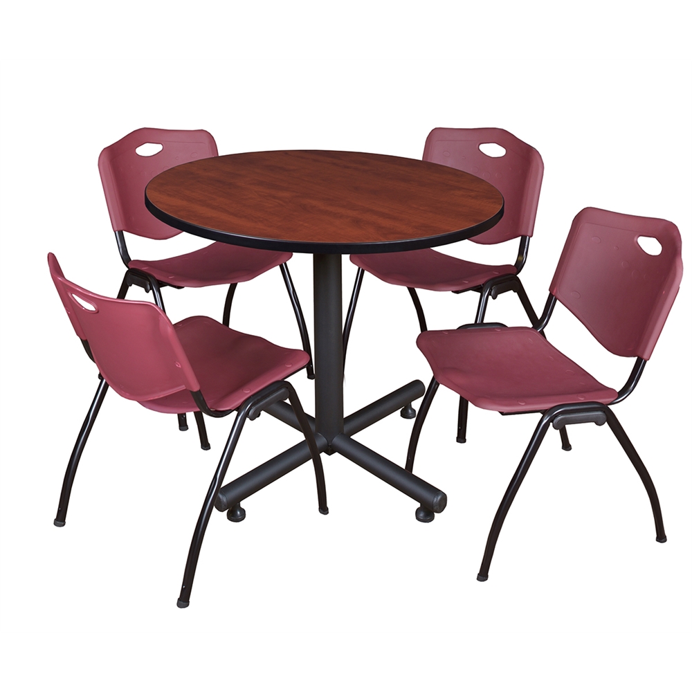 Kobe 36" Round Breakroom Table- Cherry & 4 'M' Stack Chairs- Burgundy. Picture 1